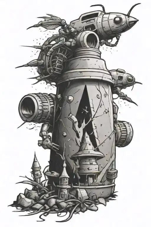 a bottle rocket in an ant hill  tattoo design idea