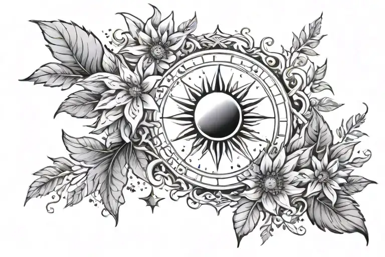 sun moon stars with leaves and floral connecting them, long and 1-2 inches tall tattoo design idea