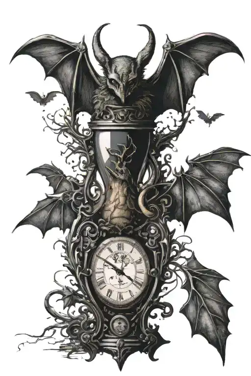 A big bat wrapping an hour glass with the sand of time. Terrifying dark Lovecraftian background engulfs the scene tattoo design idea