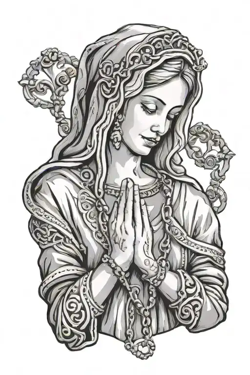 Mary praying hands holding a rosary tattoo design idea