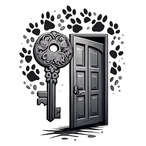 key with an open door, paw prints and the number 8 tattoo design idea