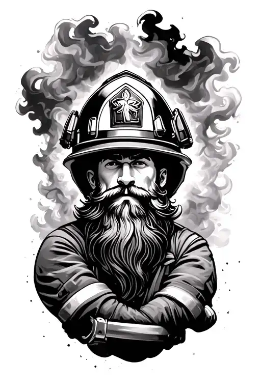 A back firefighter, holding his helmet, with a face of a holy beard that can be guessed in smoke or light behind tattoo design idea