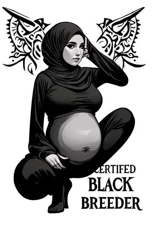"Certified Black Breeder" a monochrome tribal-style tattoo deign. Depicting silhouette of pregnant hijab girl squatting facing viewers. tattoo design idea