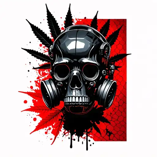 composition A black robot skull with a gas mask,in the background a marijuana leaf,hexagonal grid tattoo design idea