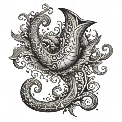 An abstract interpretation of cornicello surrounded by trinacria legs tattoo design idea