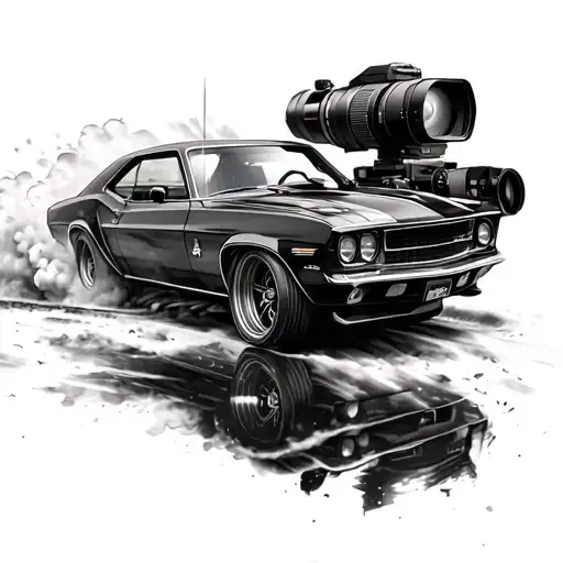 modern professional camera with a telephoto lens. Behind the camera, a classic muscle car is doing a massive burnout,  tattoo design idea