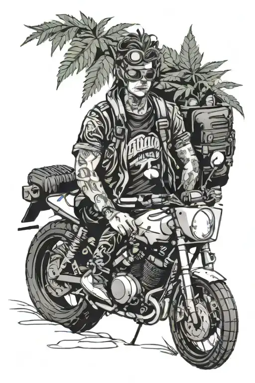 A portrait of a student studying while surrounded by marijuana plants and motorcycle gear, capturing the essence of a balanced lifestyle tattoo design idea
