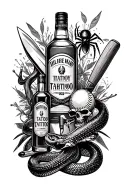Create a tattoo. Must be present: Bottle of whiskey, cigarettes, knife, baseball bat, gun, snake, girl, spider tattoo design idea