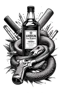 Create a tattoo. Must be present: Bottle of whiskey, cigarettes, knife, baseball bat, gun, snake, girl, spider tattoo design idea