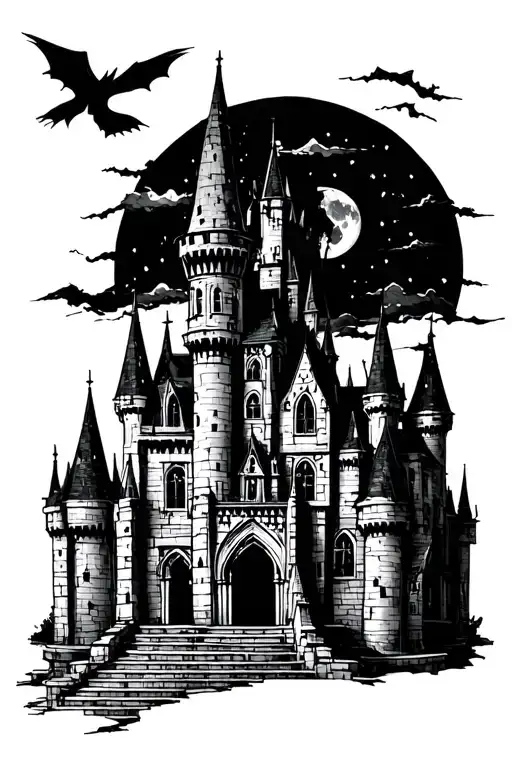 gothic castle at night sky full moon  tattoo design idea