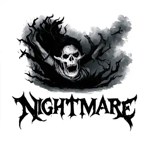 The word "Nightmare" on forearm with dark background tattoo design idea
