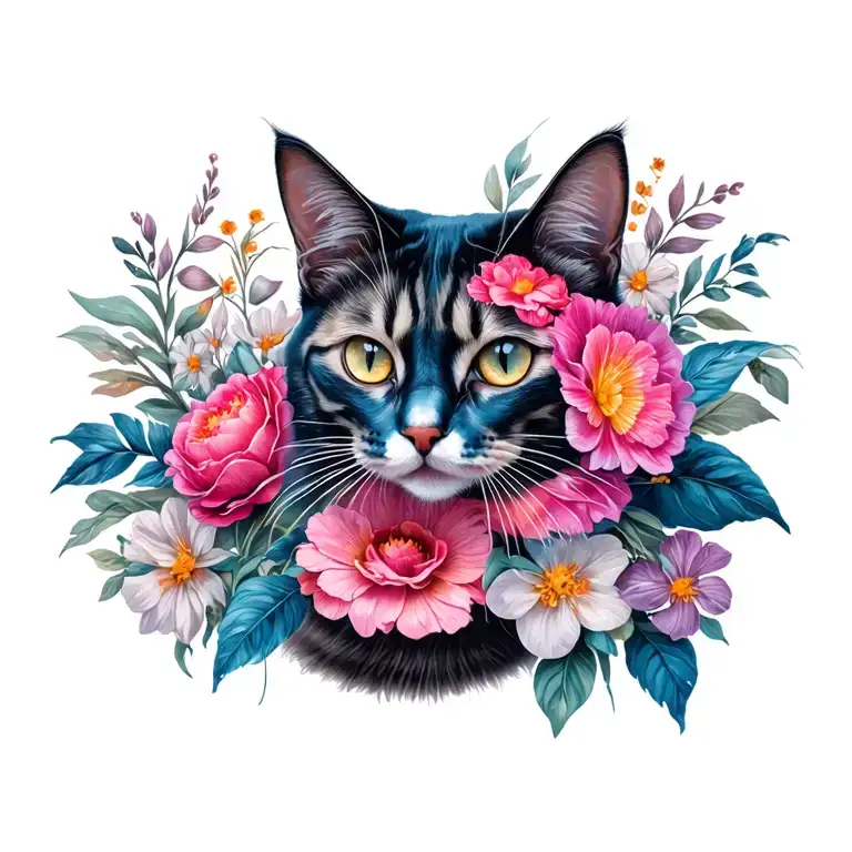 floral cat surrounded mastectomy scars wounds tattoo design idea