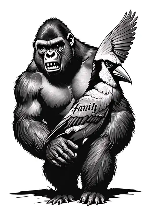 an angry gorilla showing his teeth, a cardinal, and the word family in there too tattoo design idea