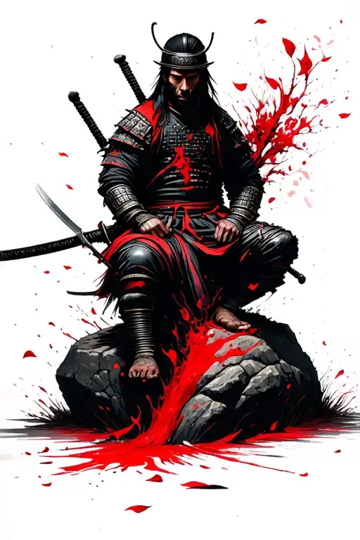 A samurai sits on a rock and pierced himself with wakizashi, blood ticks from the stone and sakura petals fall on the sa tattoo design idea