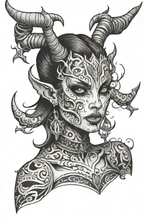 demon girl distorted face morphing tattoo design idea