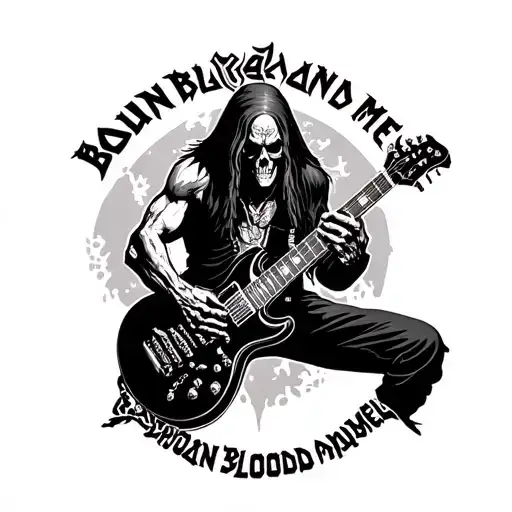 Iron Maiden eddi with a Electric guitar and a text called "bound in Blood and Metal" tattoo design idea