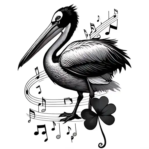 collage music notes, 4 leaf clover, pelican tattoo design idea