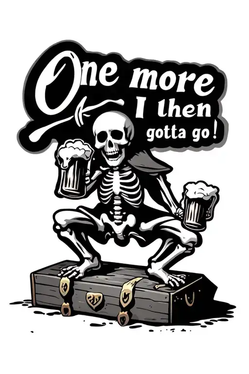 "One more then I gotta go" skeleton pirate drinking beer full body standing on treasure tattoo design idea