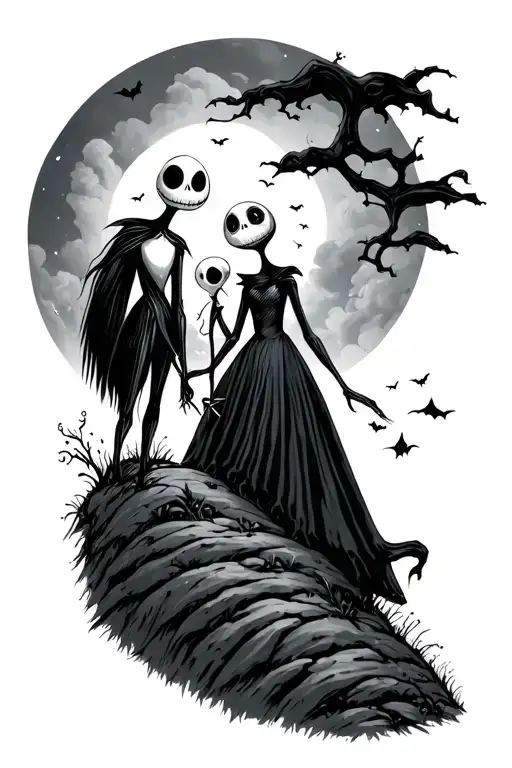 nightmare before Christmas themed tattoo featuring jack, sally and zero on the hill tattoo design idea