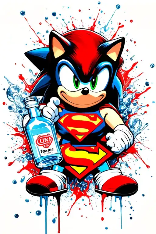 Sonic the hedgehog with a Superman logo holding a gin and tonic  tattoo design idea