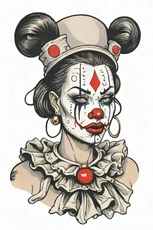 woman with dark hair wearing clown hat nose and collar crying tattoo design idea