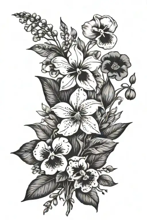 made a bouquet of flowers with 2 pansies, a lily of the valley, a lily and a basil. tattoo design idea
