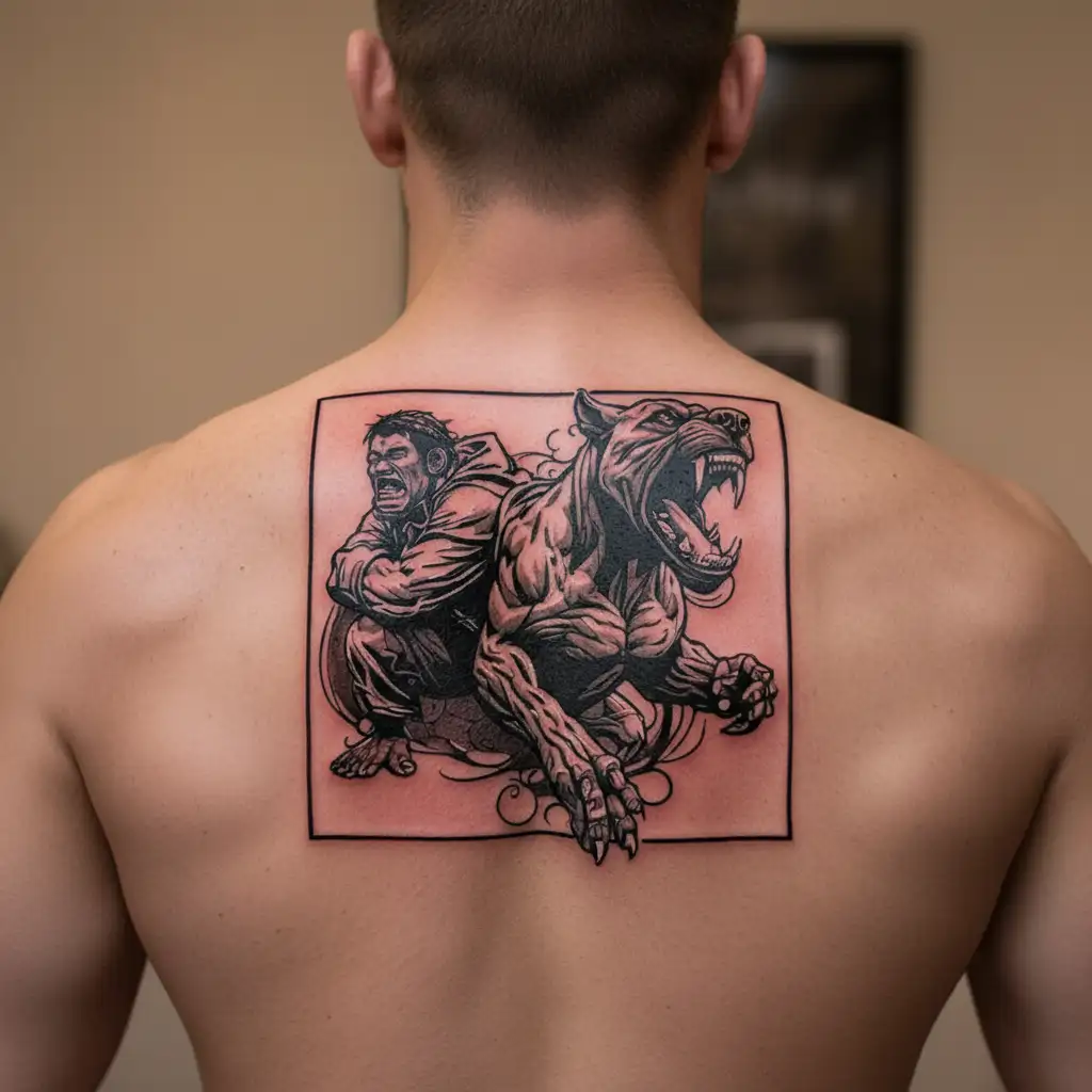 junkyard dog mixed with hulk fighting tattoo design idea