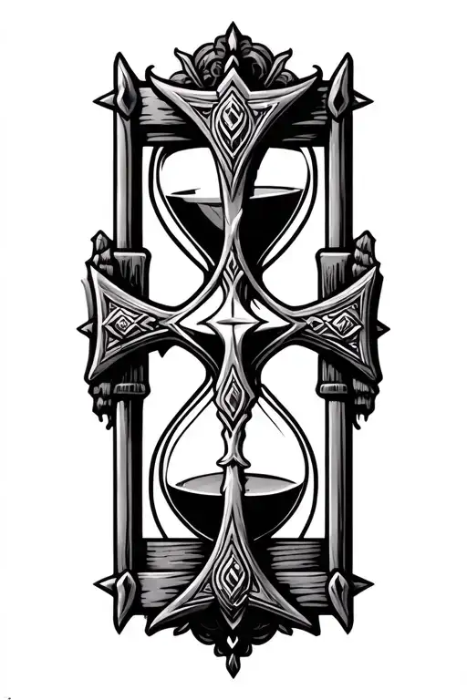 cross with an hourglass and add a background black and white also somewhat viking theme tattoo design idea