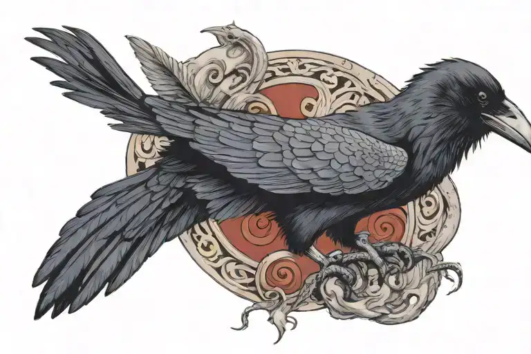 A raven with a mangeko sharingan shisut uchiha in flight carries in its paws, a white snake with the eyes of a hermit snake tattoo design idea
