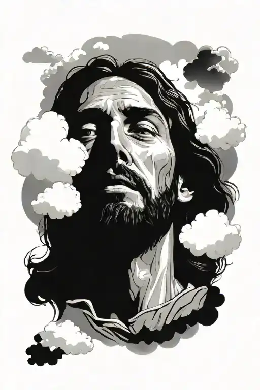  face of jesus surrounded by clouds tattoo design idea