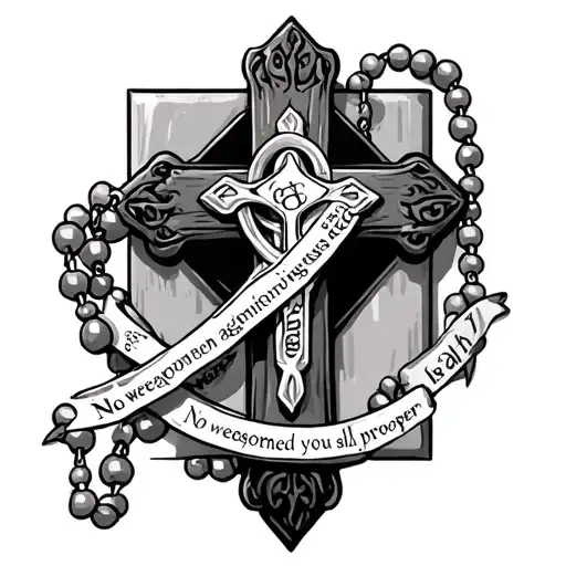 Cross with a rosary wrapped with the words Isaiah 54, verse 17 "No weapon formed against you shall prosper" tattoo design idea