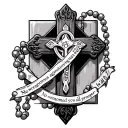 Cross with a rosary wrapped with the words Isaiah 54, verse 17 "No weapon formed against you shall prosper" tattoo design idea