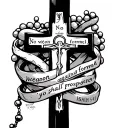 Cross with a rosary wrapped with the words Isaiah 54, verse 17 "No weapon formed against you shall prosper" tattoo design idea