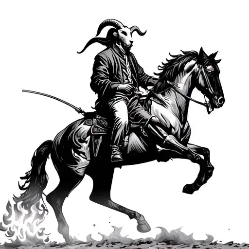 Can you generate a human with a goat head sitting on horse and he is whiping a whip and from whip is coming fire what is tattoo design idea