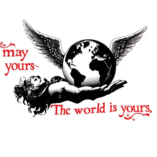 "The world is yours" An angel holding a world, may the world have the phrase the world is yours in red letters, on the sides very close a tattoo design idea