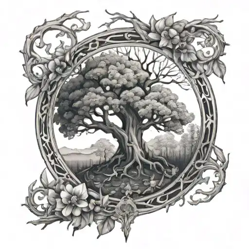  a forest of flowers in a dark forest among the YGGDRASIL tree tattoo design idea