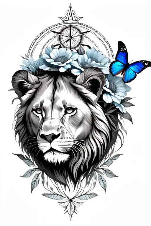 Lioness face coming from behind flowers with a blue butterfly, mandala in background with a broken compass  tattoo design idea
