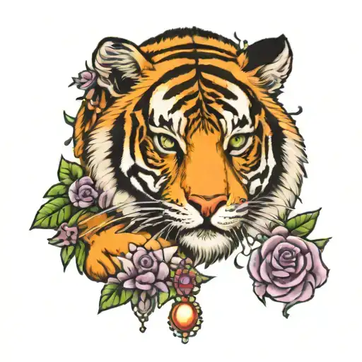 tiger with lavendar flowers with fleur de lis  and mardi gras beads tattoo design idea