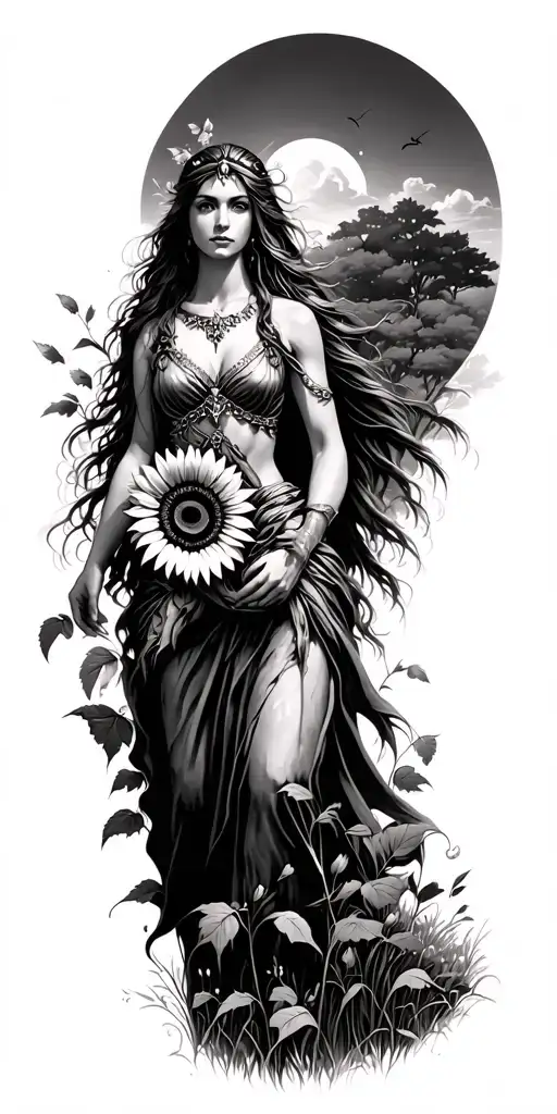 Freya the goddess of love and beauty wandering through a Meadow of Elm trees carrying a sunflower tattoo design idea