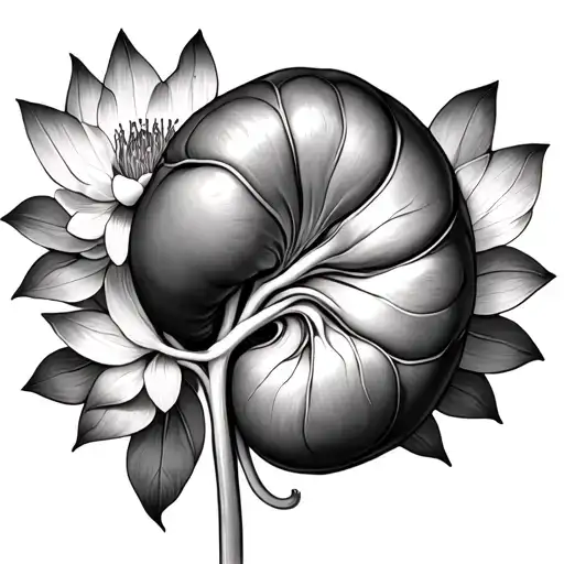 anatomical kidneys integrated with lotus flowers greyscale tattoo design idea