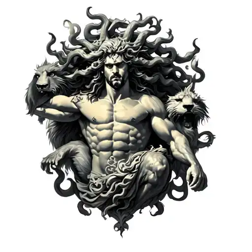 The Hercules Fighting Cerberus mythology scene with Medusa at the top that covers the shoulder tattoo design idea