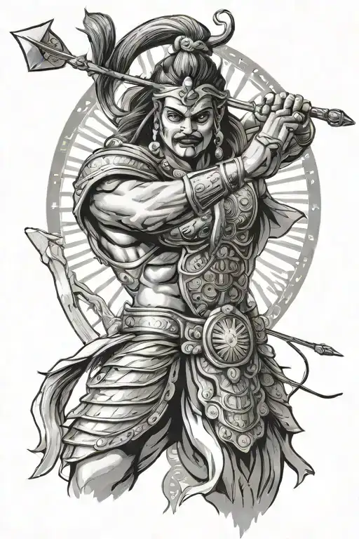 karn of Mahabharat with bow and arrow facing upwards to the sun  tattoo design idea