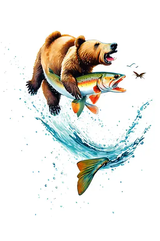 rainbow trout jumping to eat fly with water and nature scenery. bear with fish in mouth.  tattoo design idea