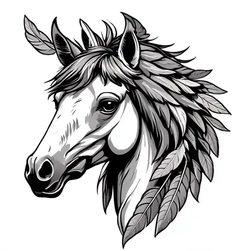 horses head with eagle feathers for mane showcasing strength tattoo design idea