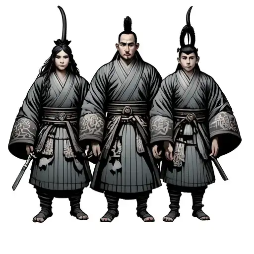 samurai father mother and 3 boys  tattoo design idea