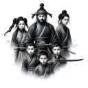 samurai father mother and 3 boys  tattoo design idea
