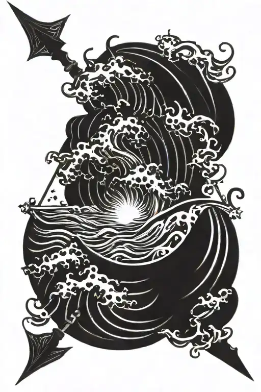burning arrow piercing tidal waves tattoo design idea