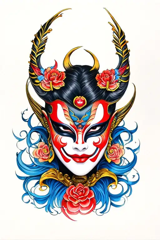 female hannya mask detailed tattoo colored tattoo design idea