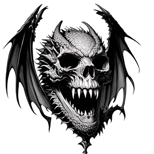 skull with fangs corruption sharp texture and dragon wings tattoo design idea