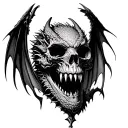 skull with fangs corruption sharp texture and dragon wings tattoo design idea